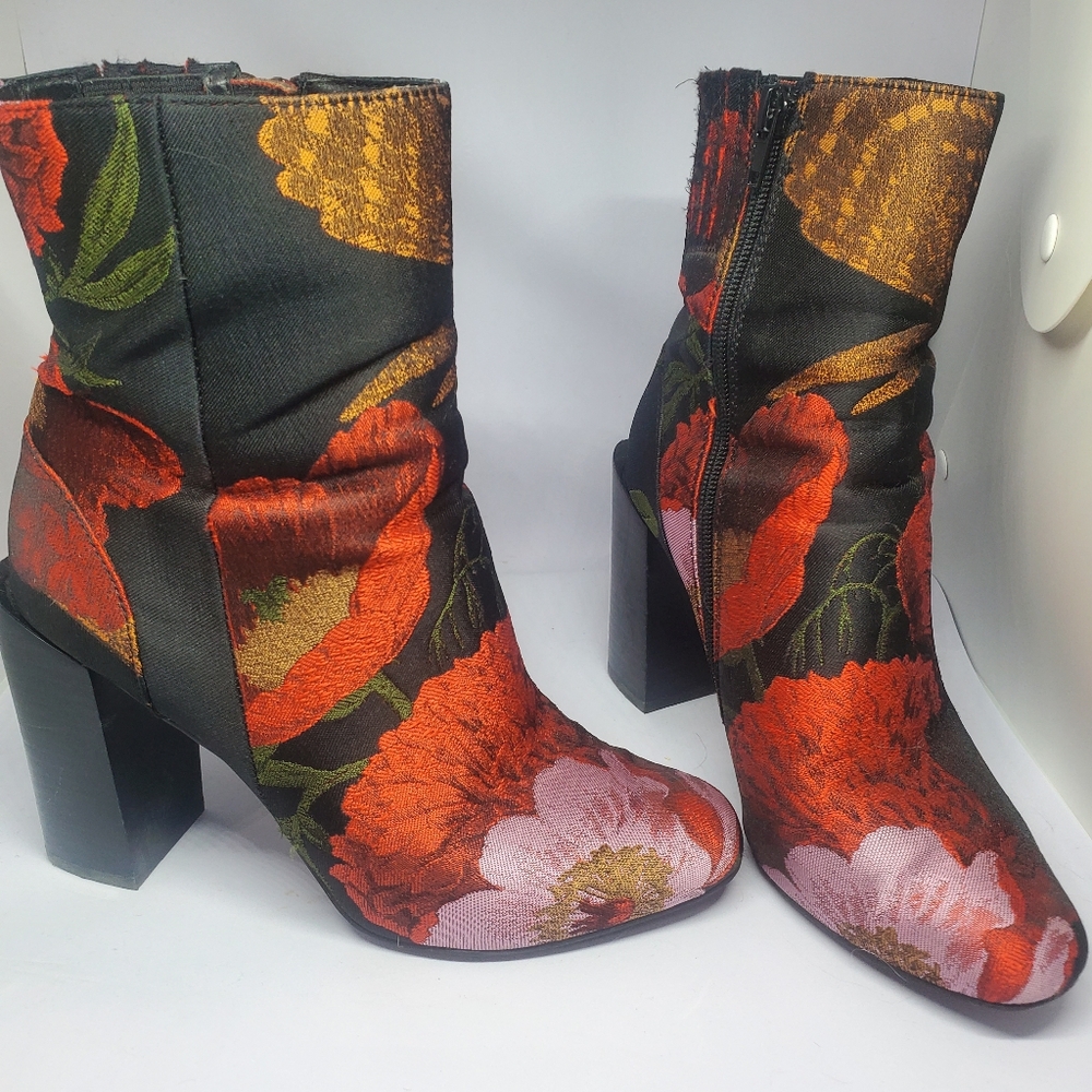 Jeffrey Campbell Red and Black Heeled Boots with Floral Design